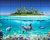 Tropical dolphin bathroom tile mural with coral reef and palm island